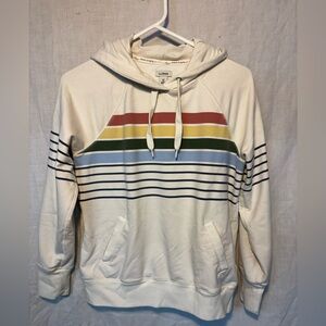 Women’s L.L.Bean Striped Hoodie Cream Pullover Kangaroo Pocket Casual Sweatshirt